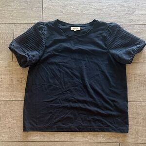 Madewell Black Tee with Textured Puff Sheer Sleeves medium